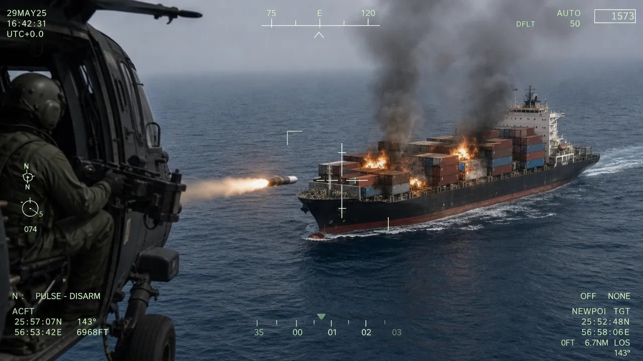 Американский MH-60 вывел из строя панамское судно Vela Nova ракетами Hellfire за нарушение блокады Ирана