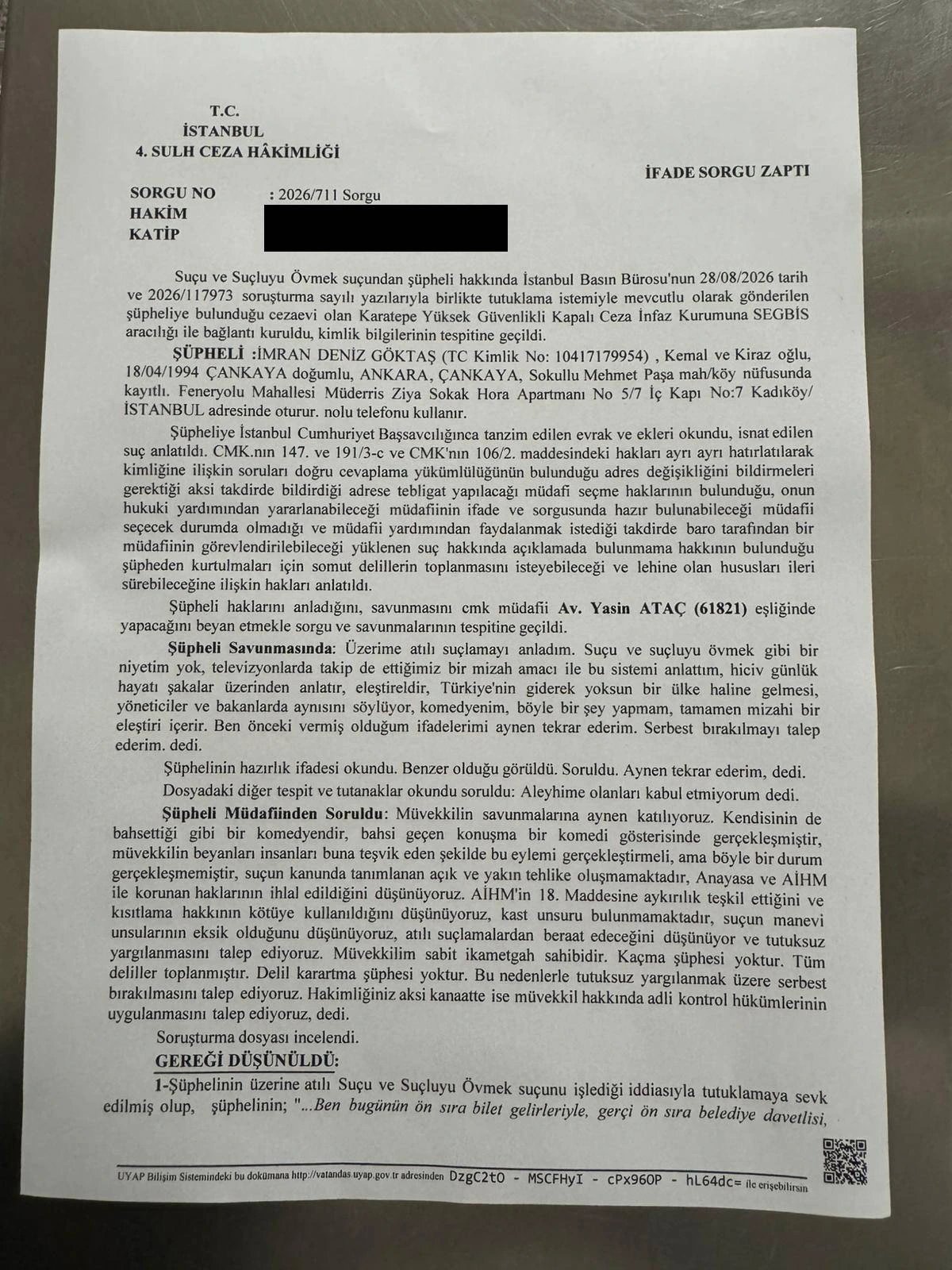 Стамбул соты комик Дениз Гёкташты босату шешімінен кейін қайта қамауға алды